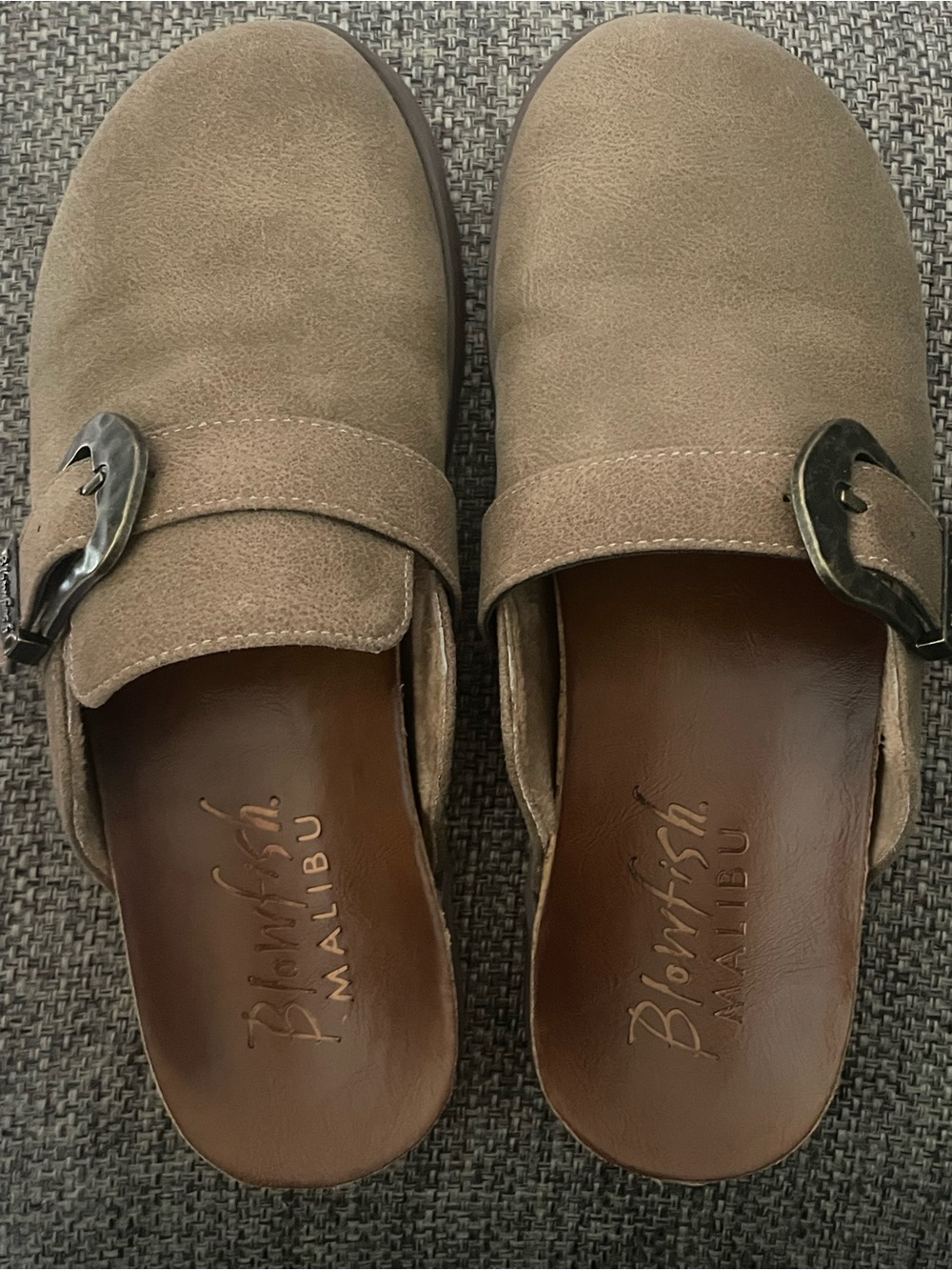 Blowfish Taupe Suede Slip-On Clogs with Metal Buckle